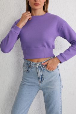 BİKELİFE Women's Lilac Waist Band Detail Fleece Knitted Sweatshirt Crop