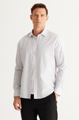 AC&Co / Altınyıldız Classics Men's White-Anthracite Slim Fit Slim Fit Classic Collar Cotton Striped Shirt.