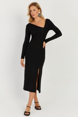 Cool & Sexy Women's Black Asymmetric Collar Slit Midi Dress