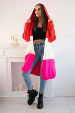 Striped hooded sweater red+ecru+pink