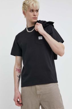 Bavlnené tričko Herschel pánsky, čierna farba, jednofarebný