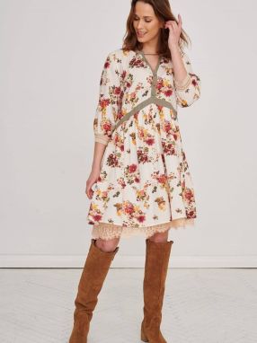 Beige Flared Floral Dress Blue Shadow