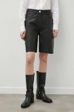 Kožené krátke nohavice Samsoe Samsoe SASHELLY dámske, čierna farba, jednofarebné, vysoký pás, F24100039