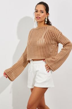 Cool & Sexy Women's Camel Spanish Sleeve Openwork Knitwear Short Blouse