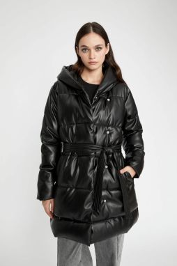 DEFACTO Waterproof Regular Fit Hooded Faux Leather Long Puffer Jacket