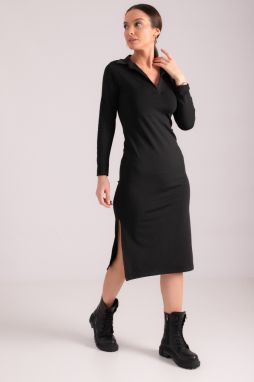 armonika Women's Black Fitted Shirt Collar Long Sleeve Dress