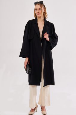 armonika Women's Black Ennea Trench Coat Sleeves Pleated Belted Cuff Laced Detail