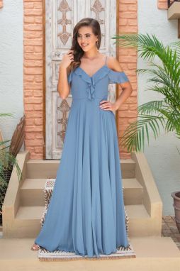 Carmen I?ndigo Chiffon Flounced Long Evening Dress