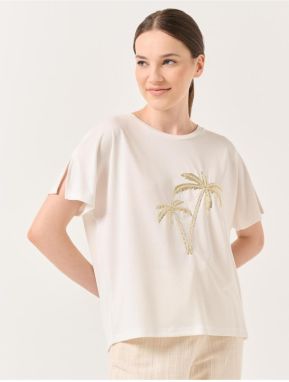 Jimmy Key Ecru Crew Neck Short Sleeved T-Shirt with Palms.