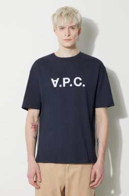 Bavlnené tričko A.P.C. T-Shirt River pánske, tmavomodrá farba, s potlačou, COFDW.H26324.IAK