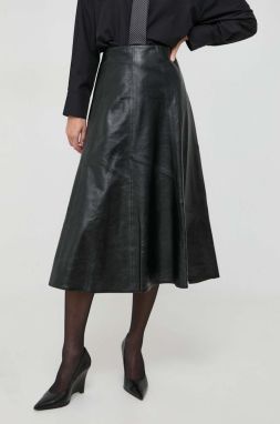 Kožená sukňa Ivy Oak čierna farba, midi, áčkový strih