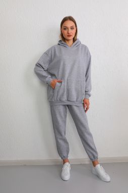 BİKELİFE Women's Gray Hooded Three Thread Oversize Ribbed Tracksuit Set