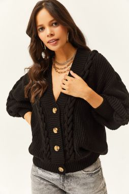 Olalook Women's Black Knitted Detailed Buttoned Knitwear Cardigan