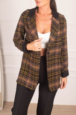 armonika Women's Brown Collar Detailed Plaid Oversize Cachet Jacket