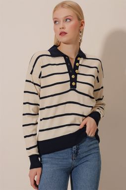 HAKKE Polo Neck Gold Buttons Striped Knitwear BLOUSE