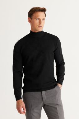 ALTINYILDIZ CLASSICS Men's Black Standard Fit Normal Cut Half Turtleneck Jacquard Knitwear Sweater