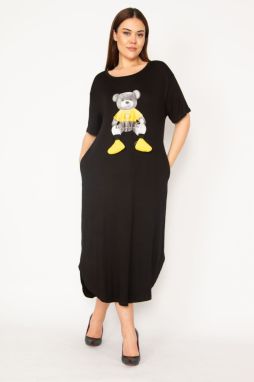 Şans Women's Plus Size Black Digital Print And Appliqué Dress