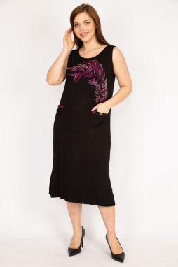 Şans Women's Black Plus Size Stone Detailed Front Pocket Dress