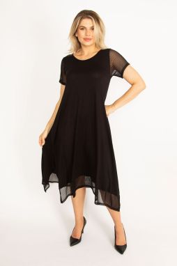 Şans Women's Plus Size Black Dress With Sleeves And Hem. Tulle Detailed With Slits In The Side