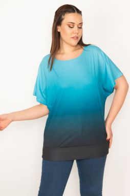 Şans Women's Plus Size Turquoise Tie-Dye Patterned Low Sleeve Hem Tape Blouse