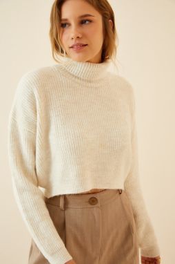 Happiness İstanbul Women's Cream Turtleneck Winter Crop Knitwear Sweater