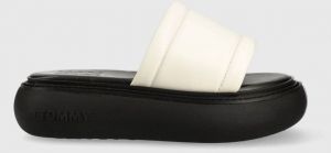 Kožené šľapky Tommy Jeans VOLUME SANDAL dámske, béžová farba, na platforme, EN0EN02076