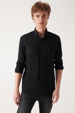 Avva Men's Black Searsucker Buttoned Collar Comfort Fit Comfy Cut Shirt