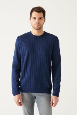 Avva Men's Dark Navy Blue Crew Neck Textured Regular Fit Knitwear Sweater