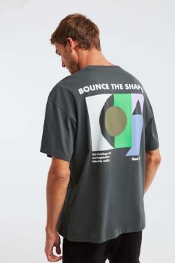 GRIMELANGE Men's Millennial Oversize Fit 100% Cotton Thick Textured Printed Gray T-shirt