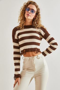 Bianco Lucci Women's Ripped Patterned Crop Striped Sweater