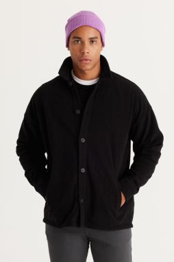 AC&Co / Altınyıldız Classics Men's Black Oversized Loose Fit Classic Collar Anti-Pilling Winter Comfortable Fleece Shirt.