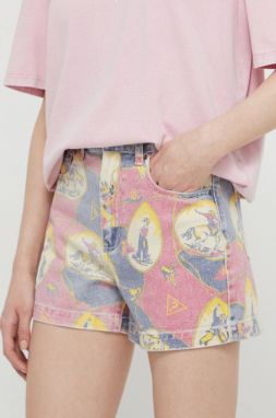 Rifľové krátke nohavice Guess Originals dámske, vzorované, vysoký pás