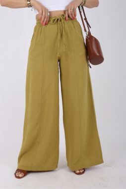 Laluvia Olive Linen Wide Leg Front Crochet Trousers