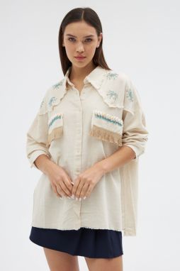 Laluvia Stone Bead Embroidered Tasseled Linen Shirt