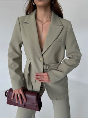 Laluvia Light Khaki Design Belted Blazer Jacket