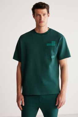 GRIMELANGE Cody Men's Regular Fit Special Textured Thick Fabric Front Embroidery and Printed Green T-shirt