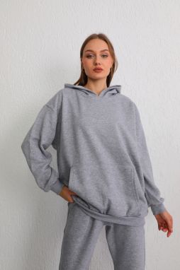 BİKELİFE Women's Gray Oversize Rose Gold Three Thread Hooded Sweatshirt