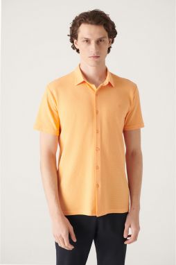 Avva Men's Orange Jacquard Knitted Short Sleeve Shirt