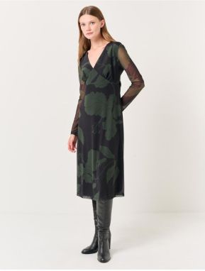 Jimmy Key Black V-Neck Long Sleeve Floral Midi Mesh Dress