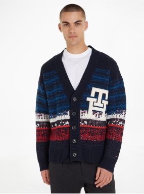 Dark blue men's striped cardigan with a blend of Tommy Hilfiger wool - Men