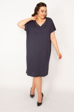 Şans Women's Plus Size Navy Blue V-Neck Low-Sleeve Dress