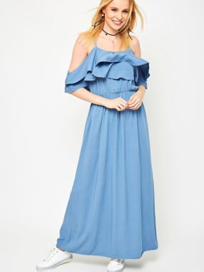 Maxi dress with flounces at the neckline blue