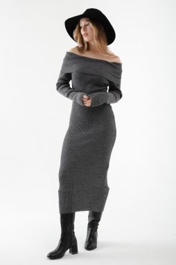 Lafaba Women's Anthracite Carmen Collar Knitwear Dress