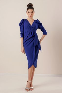 By Saygı Knitted Crepe Wrapped Dress with Pleated Sleeves and Ruffles in the Front.