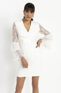 By Saygı Double-breasted Collar Button Detailed Sleeves Lace Lined Lycra Dress Wide Size Range Ecru.