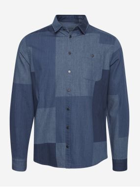 Blue Denim Patterned Shirt Blend Patchwork - Men