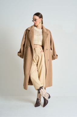 Laluvia Camel Double Breasted Collar Button Detailed Belted Coat