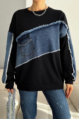 Laluvia Black Asymmetric Denim Detailed Sweatshirt