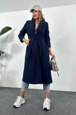 Laluvia Navy Blue Belted, Inner Lined Pocket Detailed Stamp Coat.