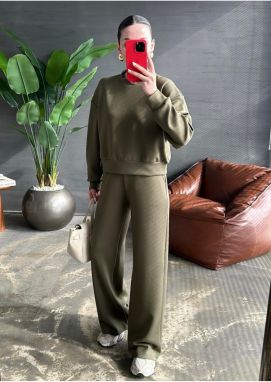 Laluvia Khaki Sweat Wide Leg Trousers Suit